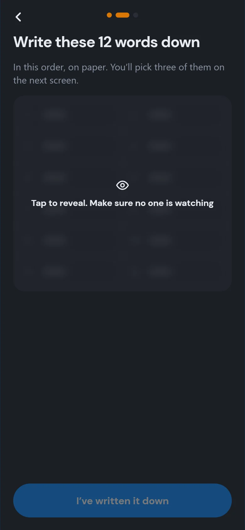 Recovery phrase hidden until you tap to reveal it