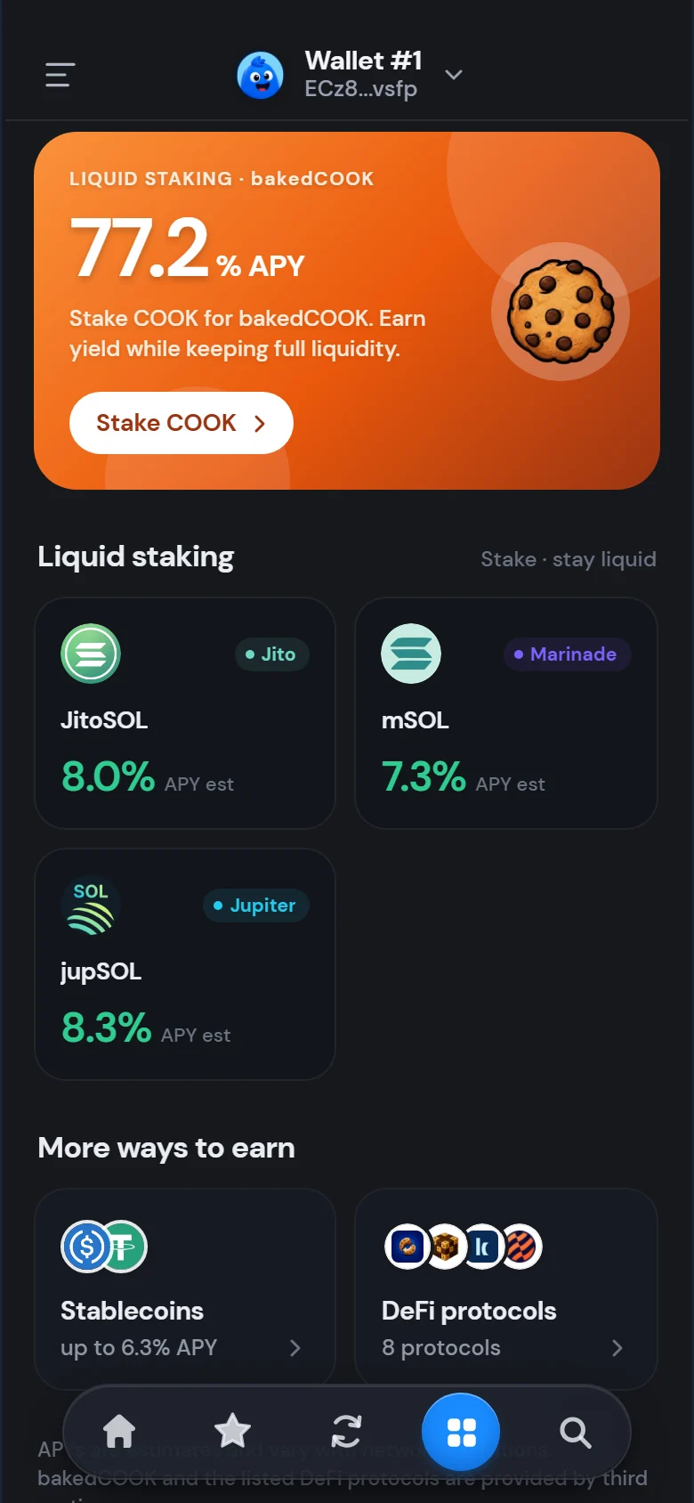Earn hub with bakedCOOK staking and SOL liquid staking options