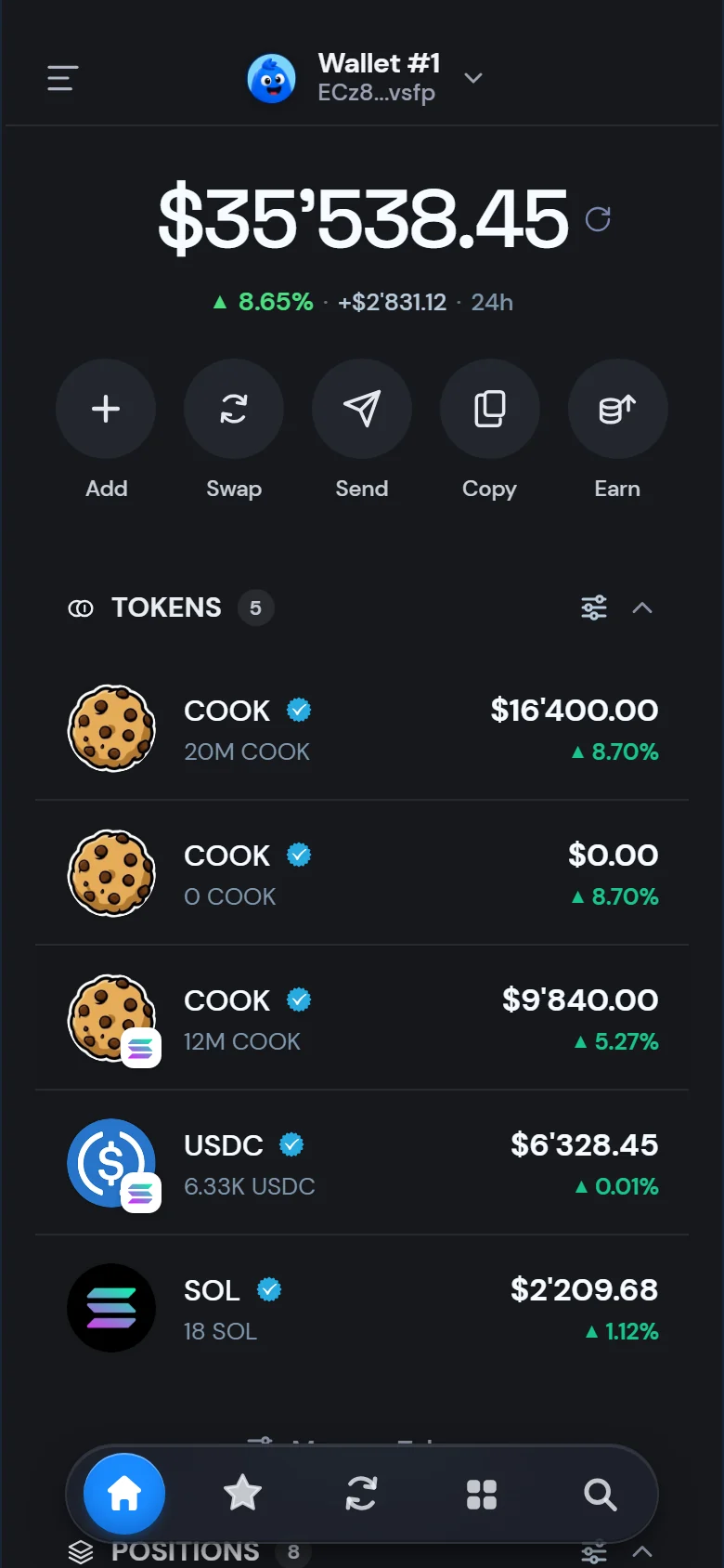 Morsel home screen with a $35,538 portfolio of COOK, USDC and SOL