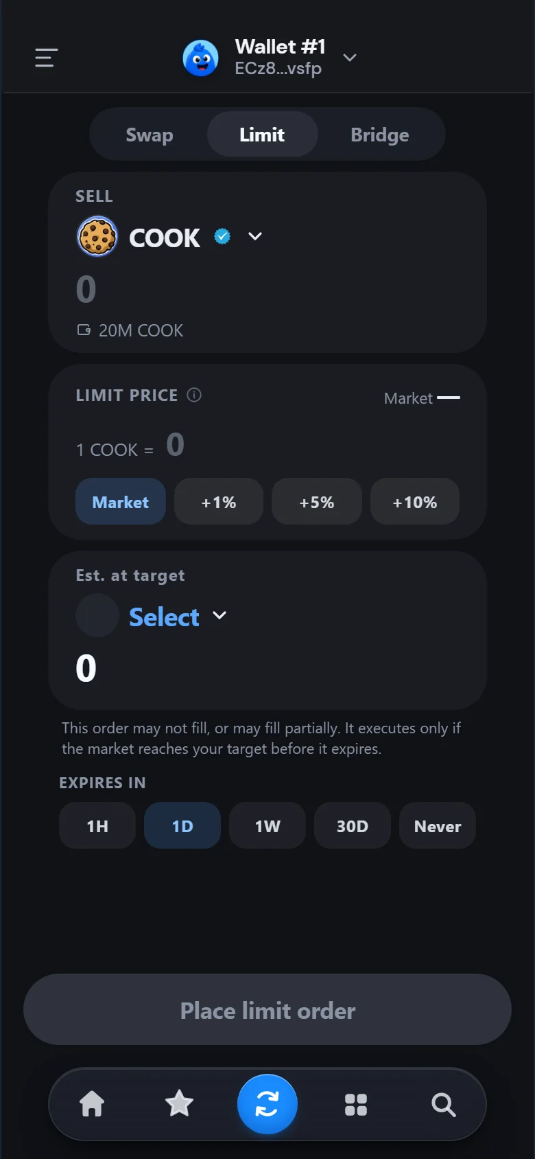 Placing a limit order to sell COOK at a target price