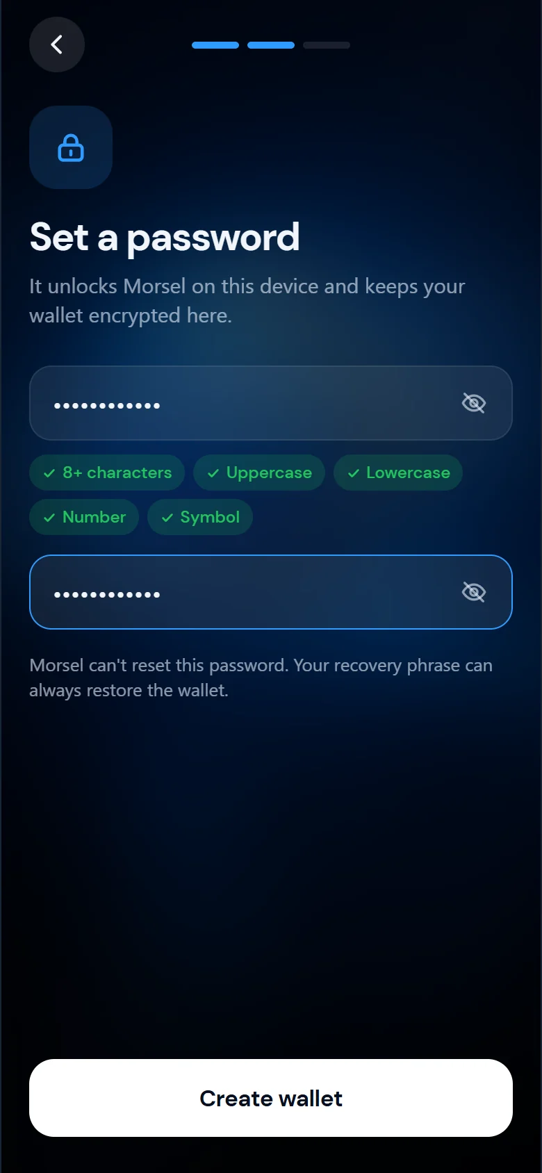 Set a password screen with live strength checks