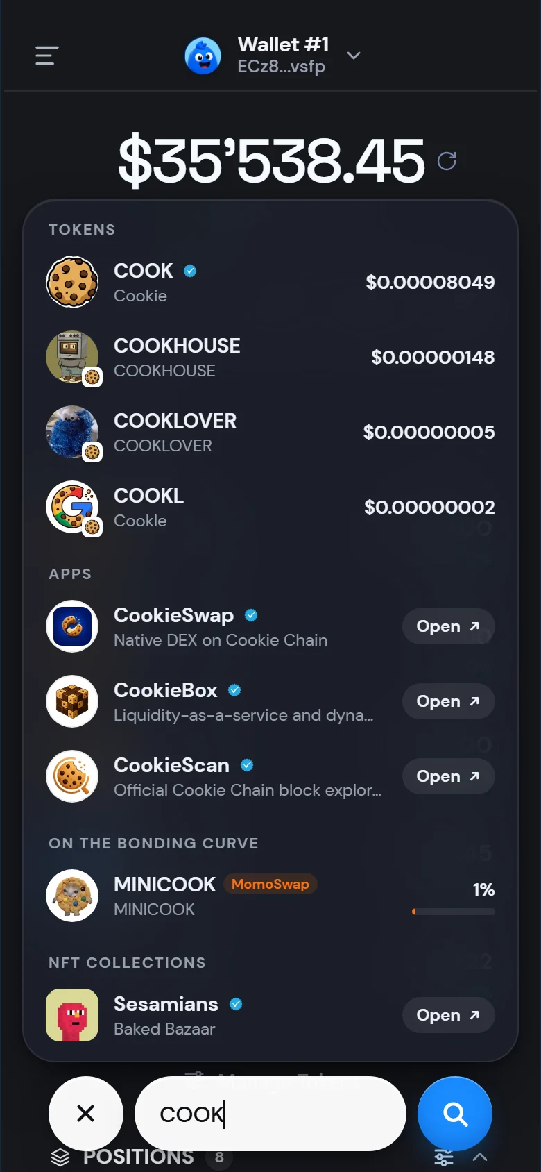 Searching COOK across tokens, apps and NFT collections
