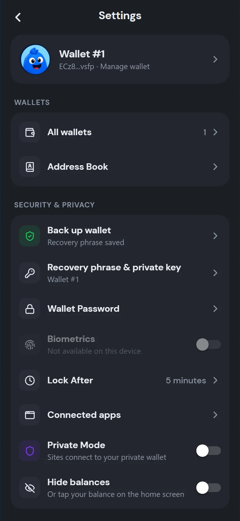 Security settings with backup status, password, biometrics and Private Mode
