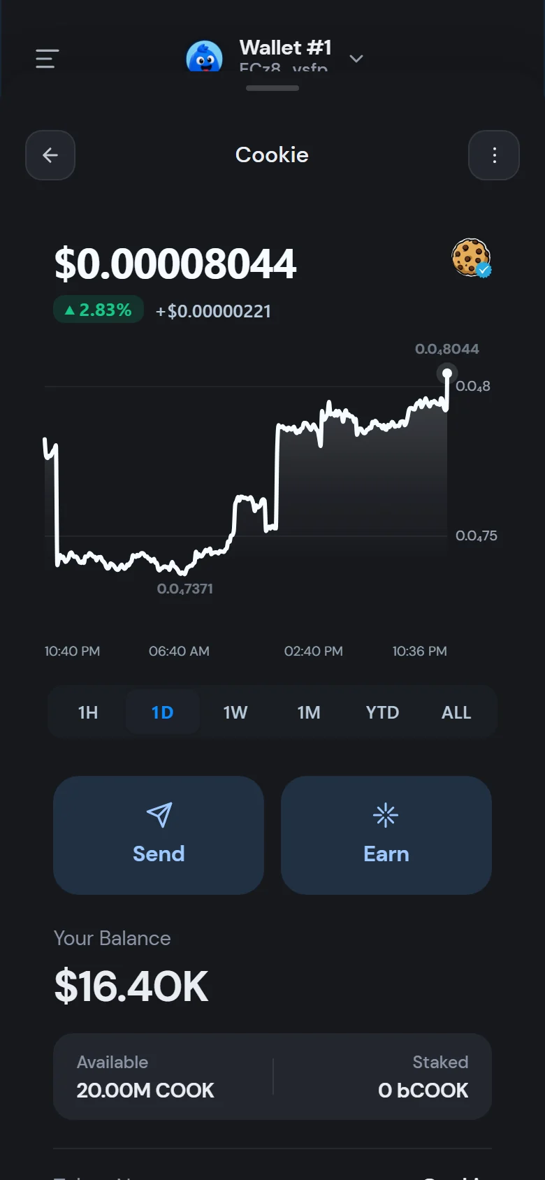COOK price chart with Send and Earn actions