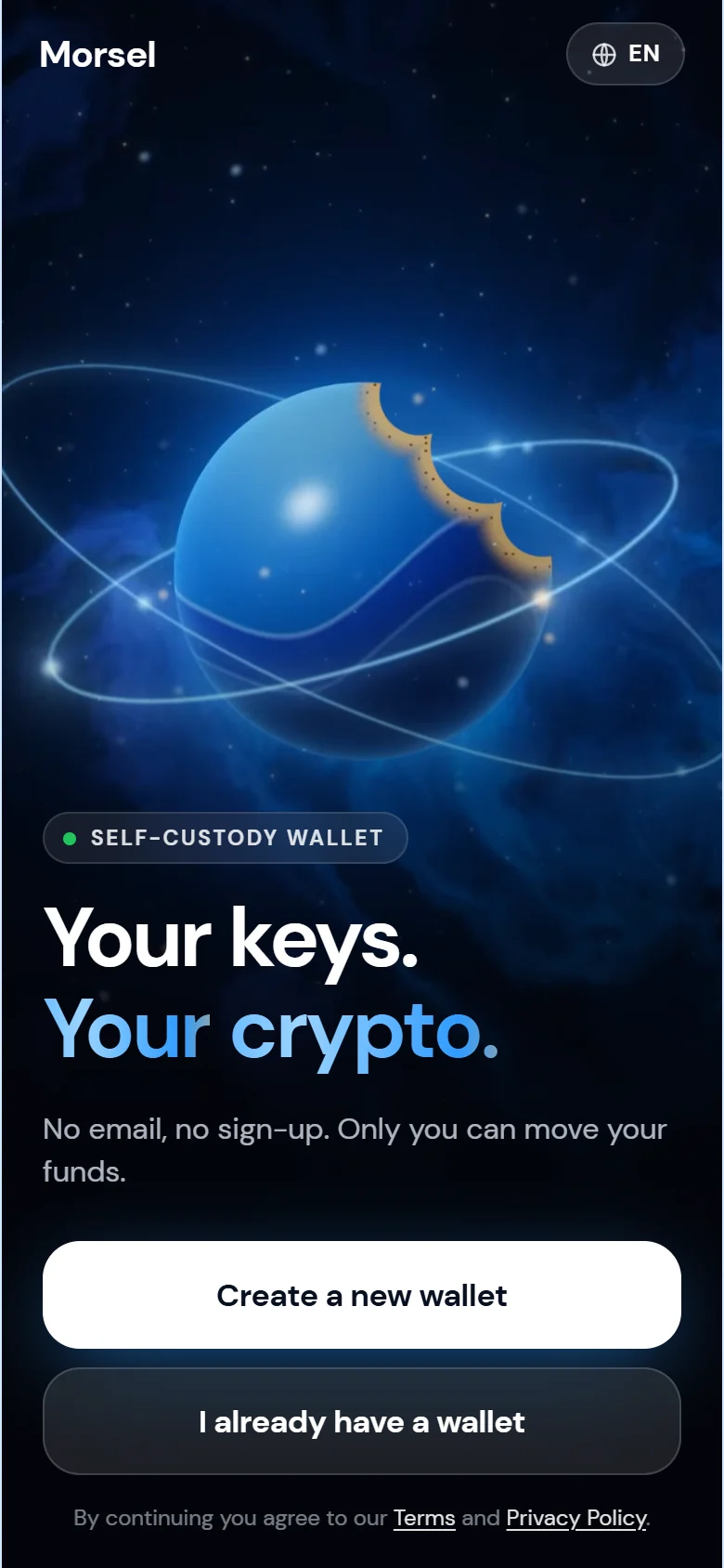 Morsel welcome screen: Your keys. Your crypto.